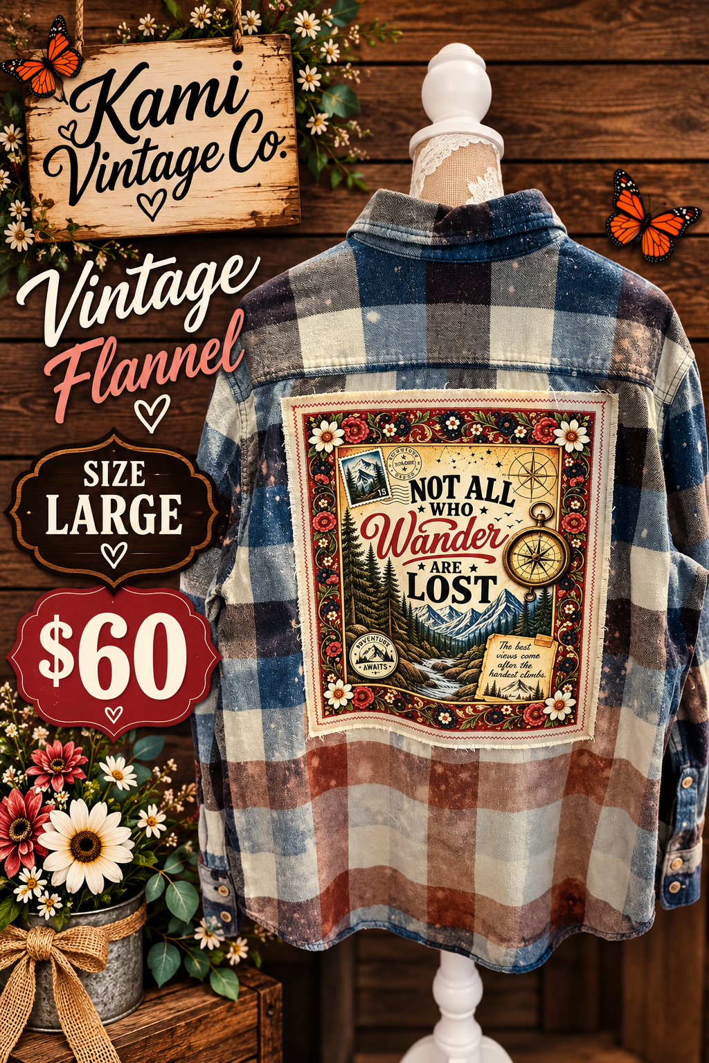 Size Large navy, cream, gray, and rust plaid flannel with Not All Who Wander Are Lost mountain, compass, and floral back panel.