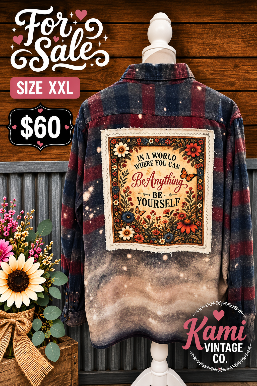 Size XXL navy and burgundy plaid upcycled flannel with a Be Yourself floral and butterfly back panel and faded tan lower section.
