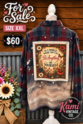 Size XXL navy and burgundy plaid upcycled flannel with a Be Yourself floral and butterfly back panel and faded tan lower section.