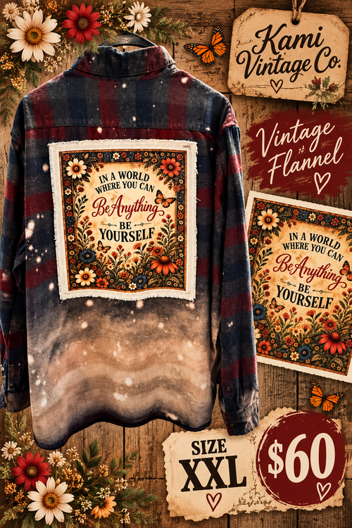 Additional view of the XXL Be Yourself floral upcycled flannel with cream-edged statement back panel.