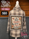 Be Your Own Kind of Beautiful upcycled vintage flannel, size small, back view showing custom graphic patch