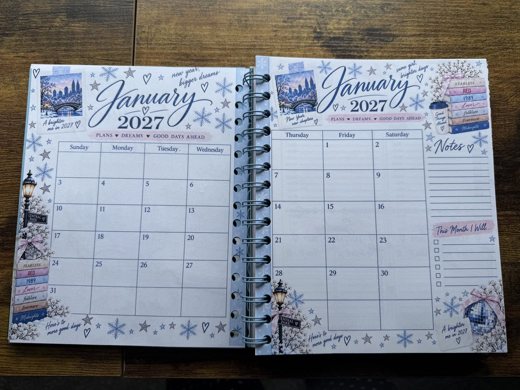 January 2027 two-page monthly calendar with notes and goals
