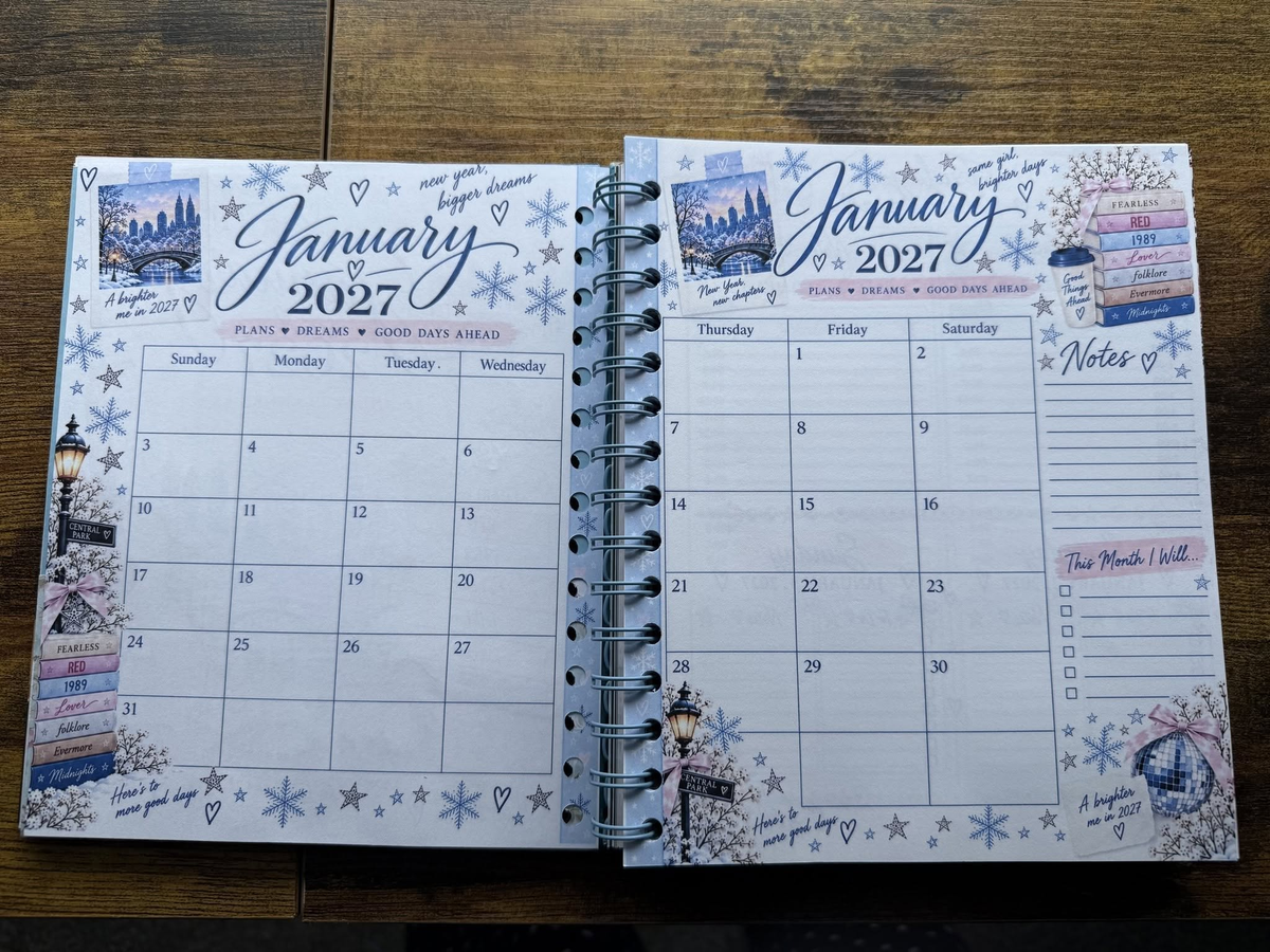 January 2027 two-page monthly calendar with notes and goals