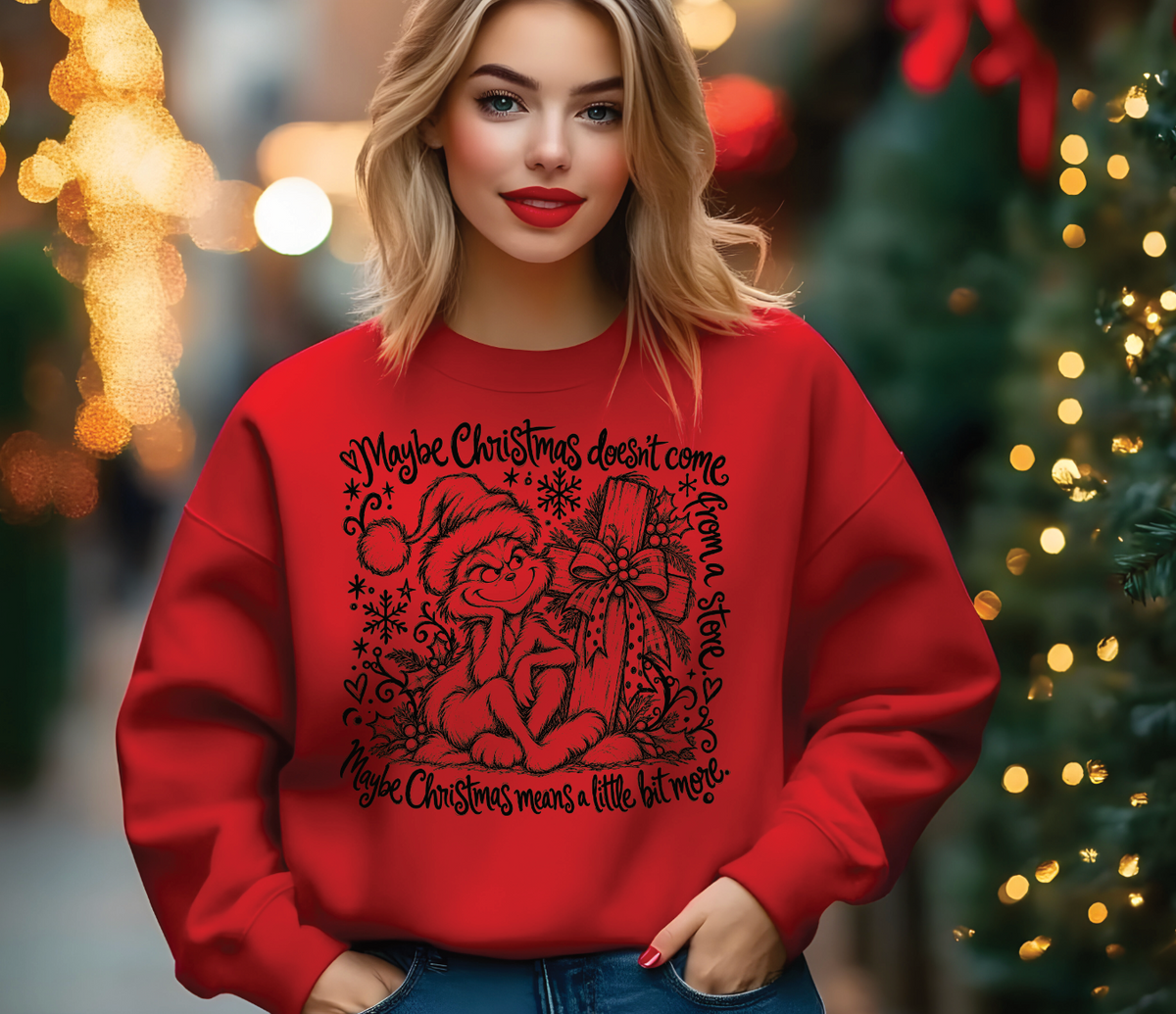 Red crewneck sweatshirt with black Grinch Christmas graphic, gift bow and snowflakes