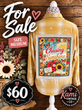 Size Medium yellow and cream plaid flannel with Chasing Sunshine sunflower, floral, and butterfly back panel.
