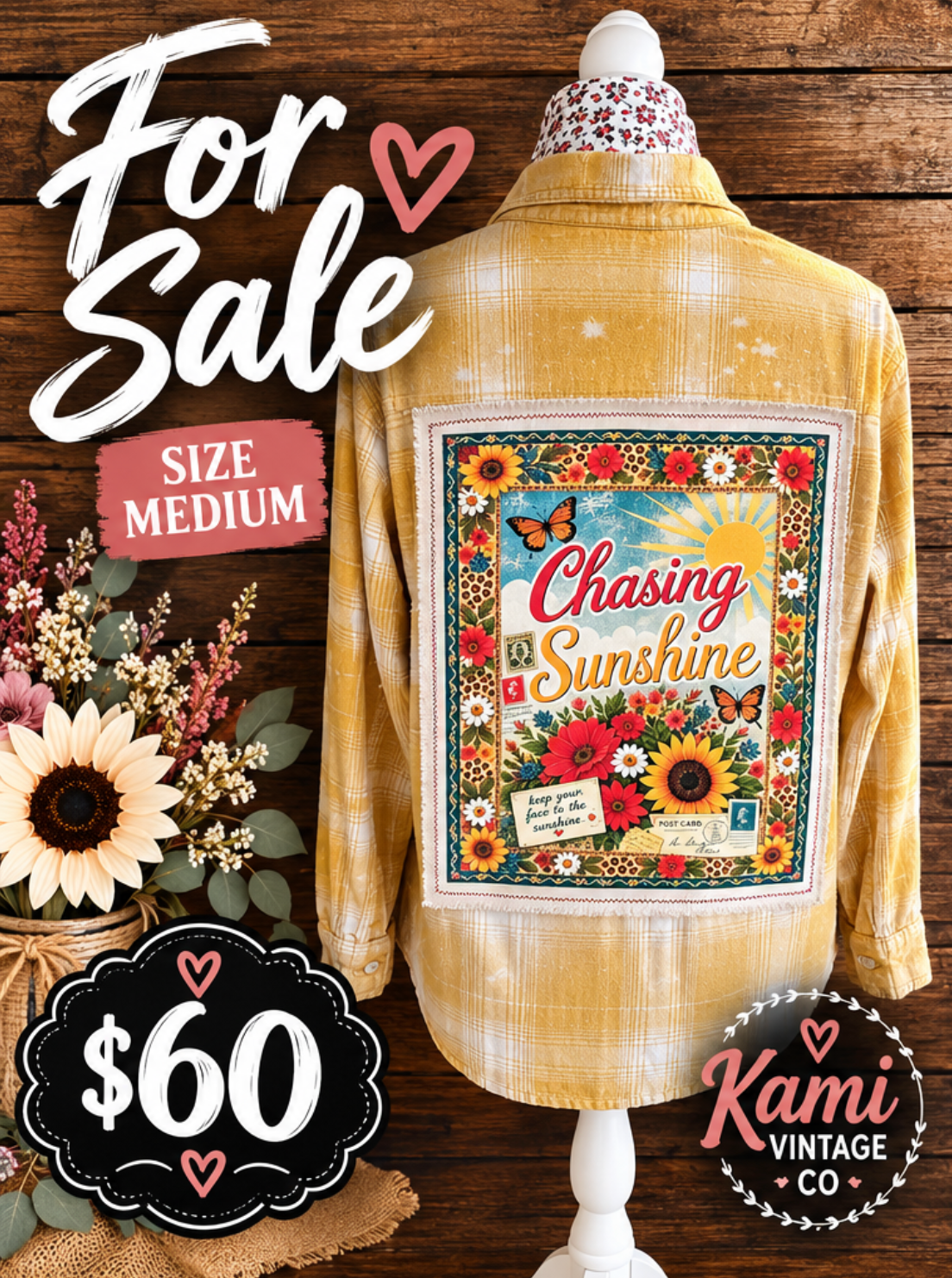 Size Medium yellow and cream plaid flannel with Chasing Sunshine sunflower, floral, and butterfly back panel.