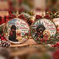 Vintage-style pet Christmas ornaments featuring dogs, winter scenes, and plaid bows.