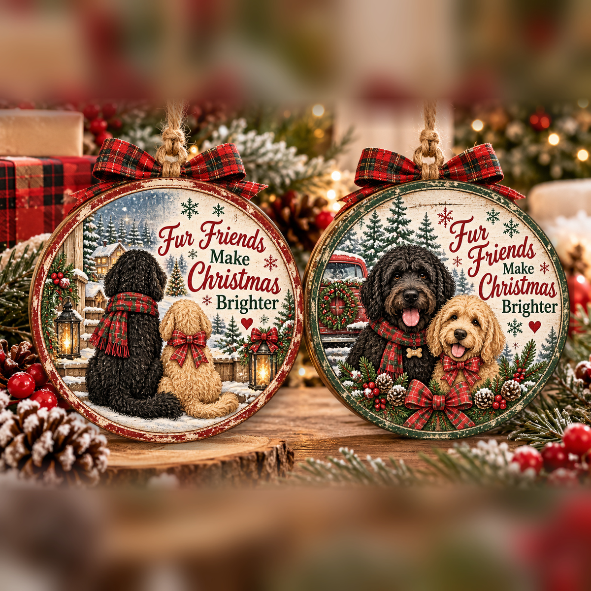 Vintage-style pet Christmas ornaments featuring dogs, winter scenes, and plaid bows.