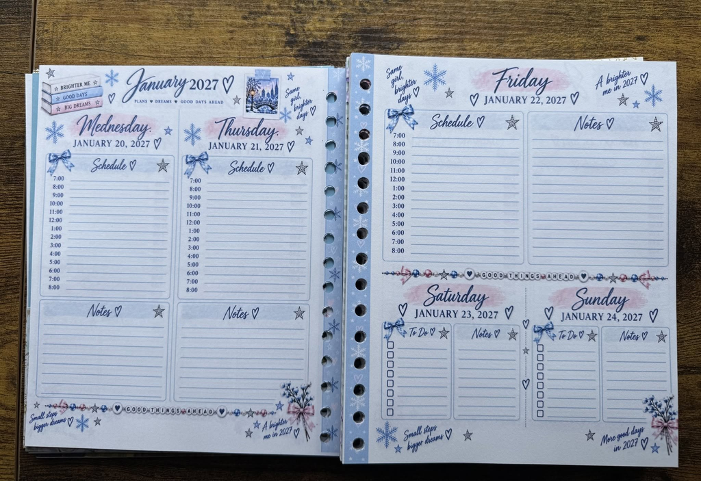 Daily schedule and notes pages with weekend to-do lists