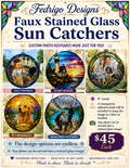 Custom faux stained glass suncatcher examples featuring child and family portraits, scenic designs, pet memorials and engagement keepsakes