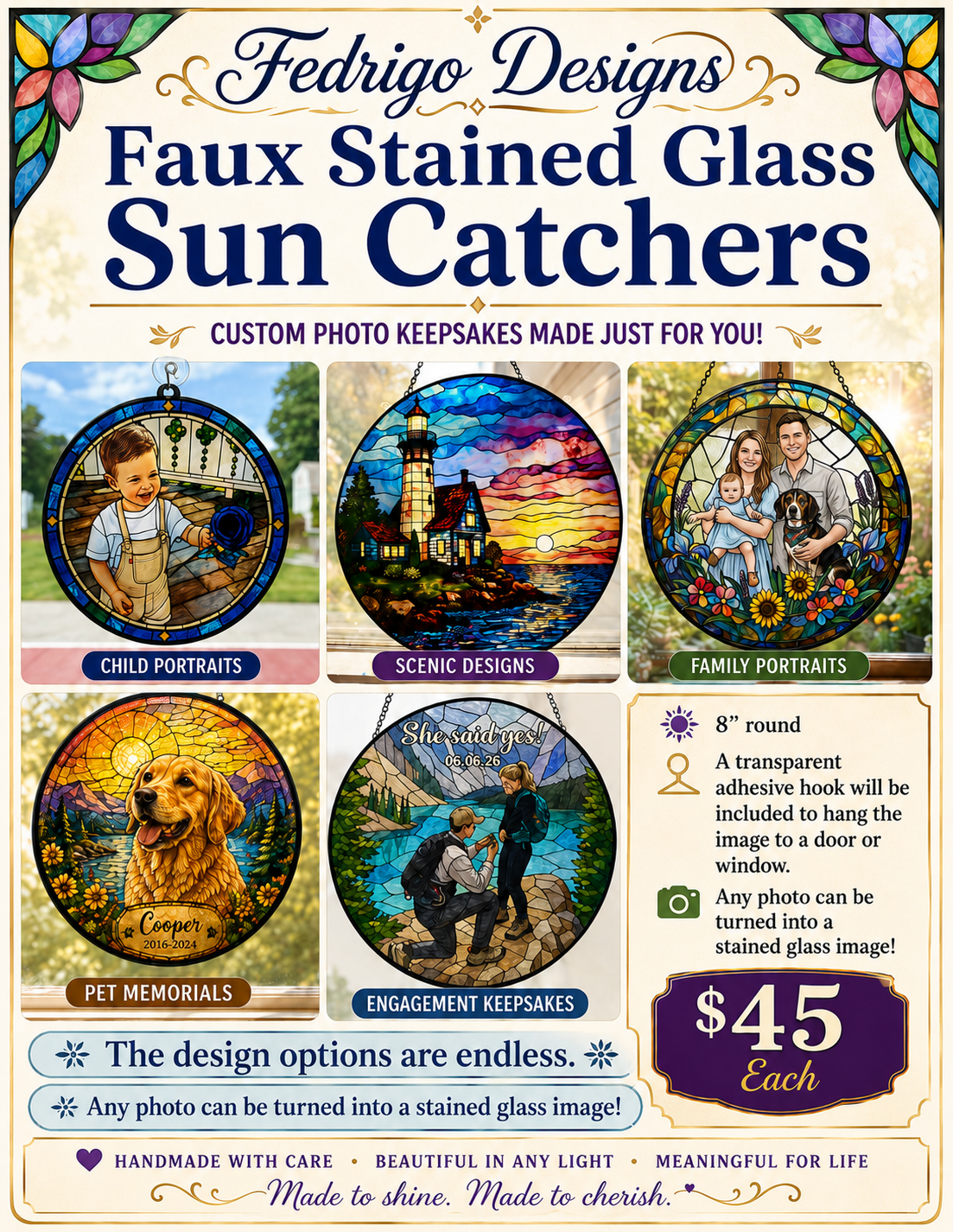 Custom faux stained glass suncatcher examples featuring child and family portraits, scenic designs, pet memorials and engagement keepsakes
